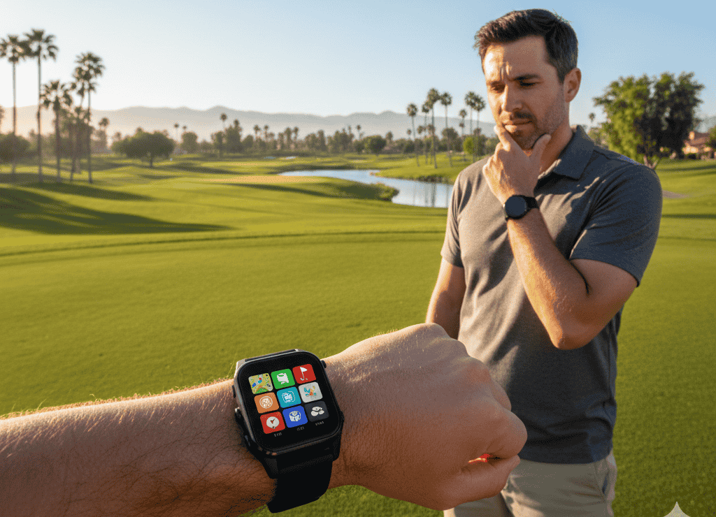 Gros plan sur une montre connectée de golf affichant plusieurs applications. Un golfeur hésite sur l'application GPS à choisir
