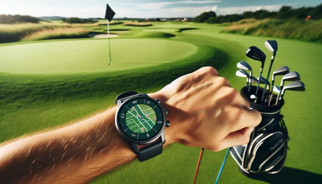 Montre de golf affichant une carte de parcours sur le poignet d’un golfeur sur un terrain de golf