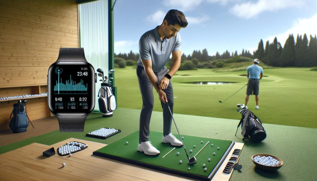 Golfeur ajustant un capteur de swing sur un practice avec clubs et balles de golf au sol