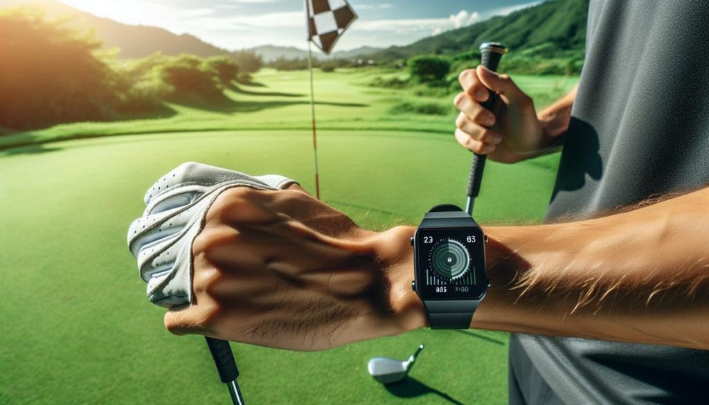 Golfeur consultant les données de swing sur une montre Garmin sur un parcours de golf