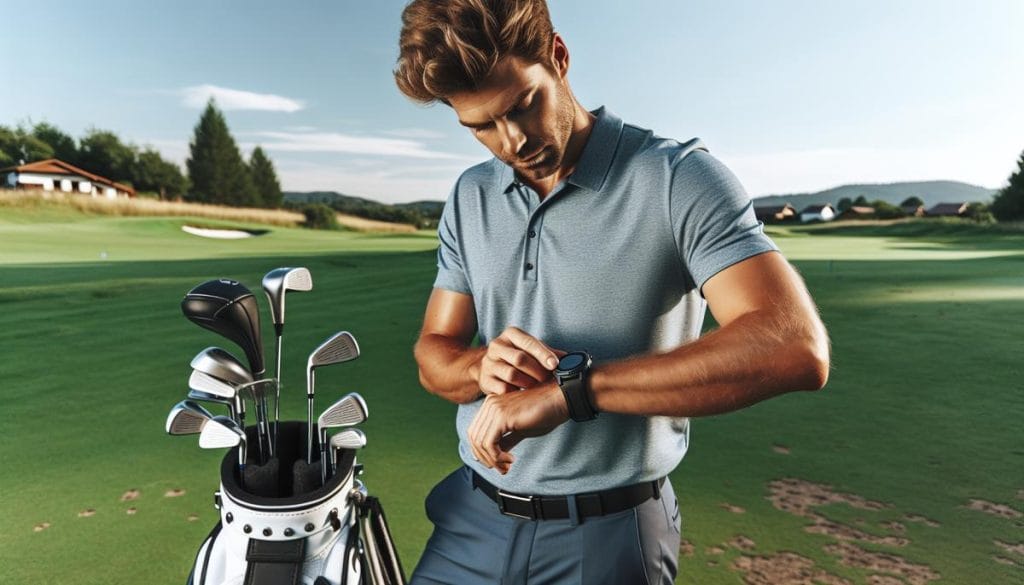 Golfeur calibrant une montre Garmin sur un parcours de golf