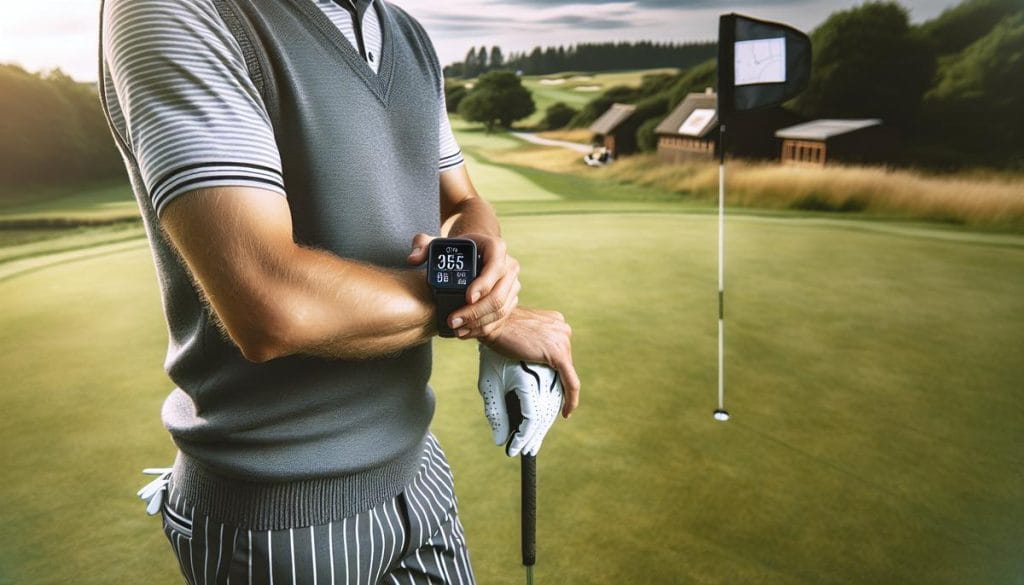 Golfeur consultant une montre GPS au poignet sur un parcours de golf