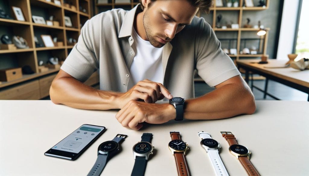Homme synchronisant une montre de golf avec un smartphone sur une table avec plusieurs modèles de montres