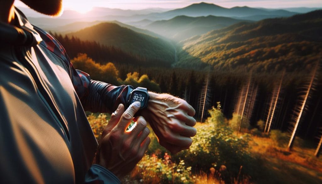 Coureur consultant sa montre GPS sur un sentier vallonné en pleine nature