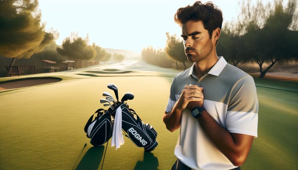 Golfeur sur un green pratiquant la respiration avant un coup important, sac et montre GPS visibles