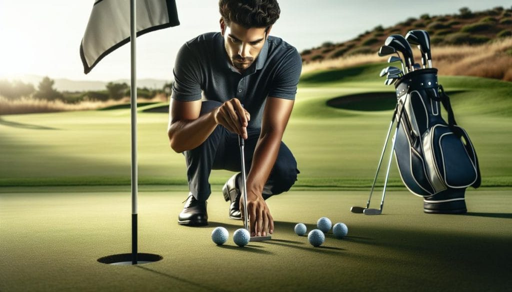 Golfeur en train de putter sur un green avec plusieurs balles de golf alignées pour l’entraînement