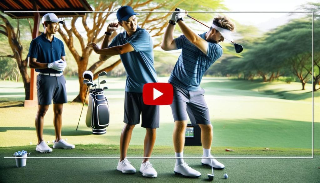 Golfeur réalisant un swing avec coach sur un parcours, montre GPS visible au poignet