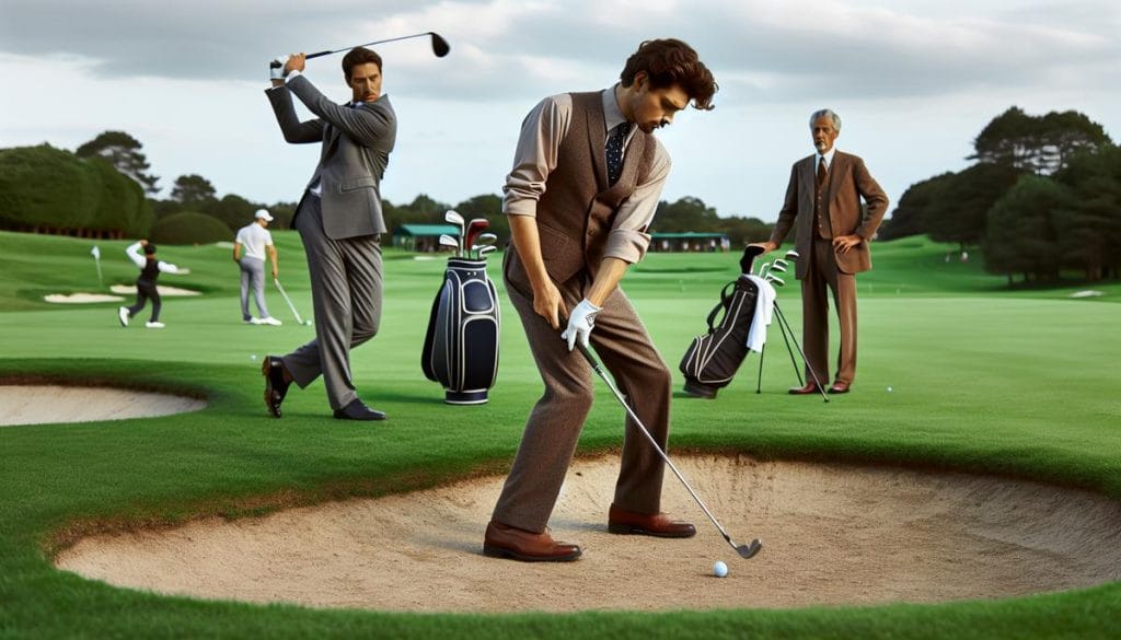 Golfeur débutant rate un swing près d’un bunker, coach en arrière-plan sur un parcours de golf