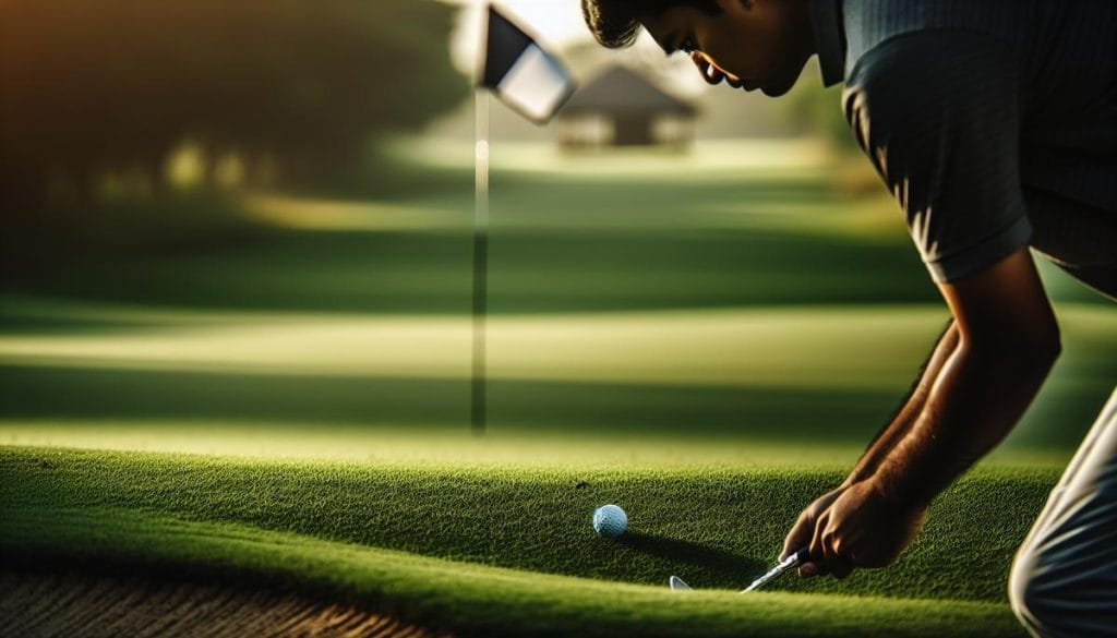 Golfeur réalisant un coup d’approche près du green avec le drapeau du trou et un bunker en arrière-plan