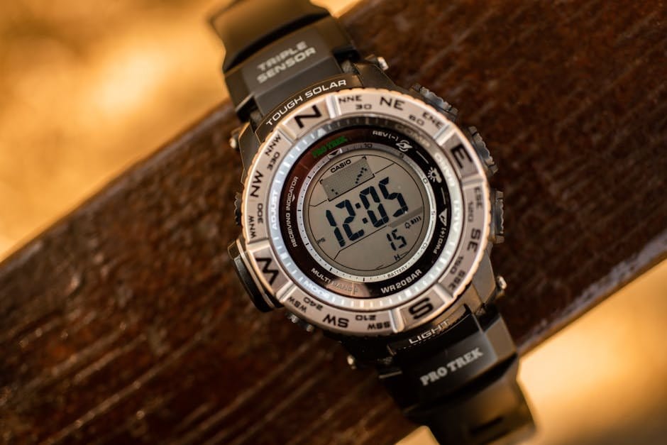 Une montre de golf GPS affichant des données de parcours sur un terrain ensoleillé.
