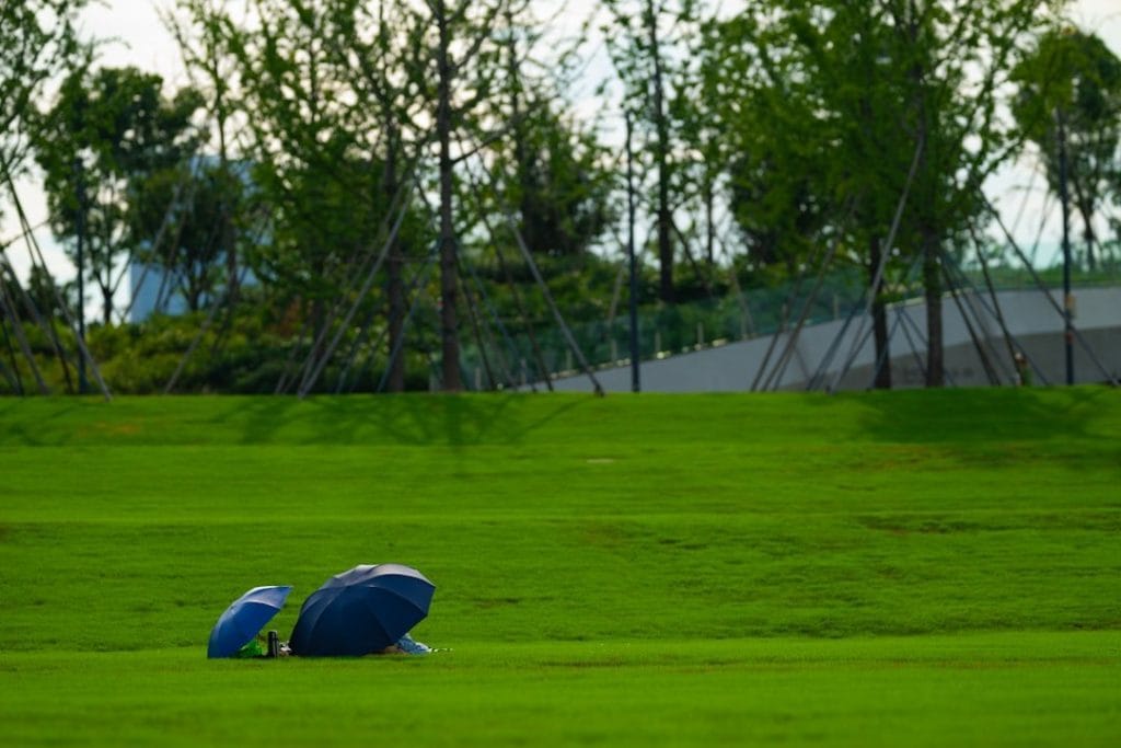 Joueur de golf s'entraînant par vent fort avec conseils et astuces.